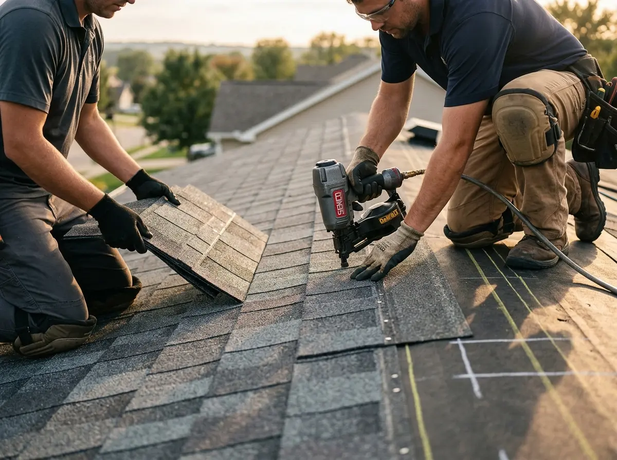 Professional roofer working on a residential roof in Lakeport